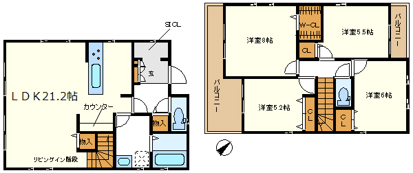 ２号棟　１部アクセントクロス仕様、２面バルコニー、Ｗ－ＣＬ