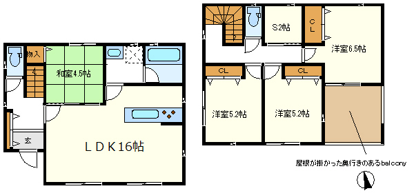 ２号棟　ＬＤＫ隣接和室がありますよ　便利な奥行きのある屋根の掛かったバルコニー