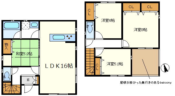 ３号棟　ＬＤＫ隣接和室がありますよ　便利な奥行きのある屋根の掛かったバルコニー