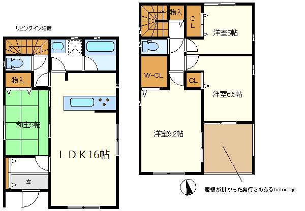 ４号棟　９．２ＪにＷ－ＣＬ付　ＬＤＫ隣接和室がありますよ　便利な奥行きのある屋根の掛かったバルコニー