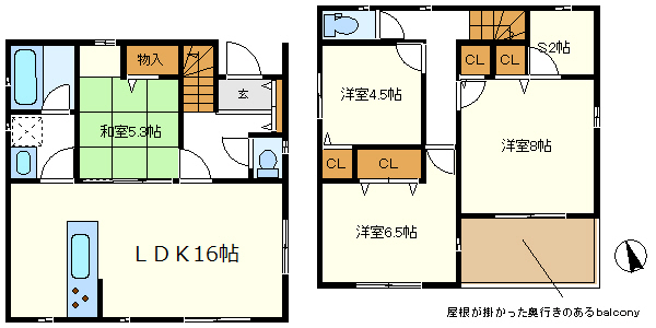 ６号棟　８ＪにＳ２Ｊ付、ＬＤＫ隣接和室がありますよ　便利な奥行きのある屋根の掛かったバルコニー
