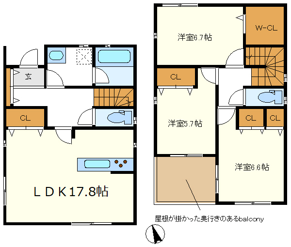 ９号棟　Ｗ－ＣＬ付　便利な奥行きのある屋根の掛かったバルコニー