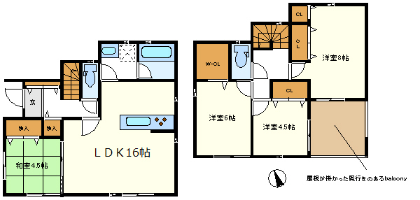 １号棟　広々Ｗ－ＣＬ、便利な奥行きのある屋根の掛かったバルコニー