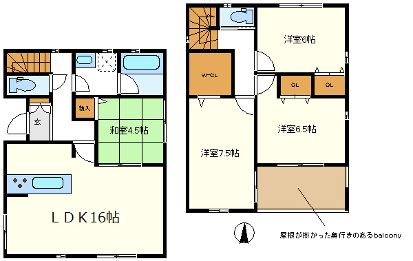 ２号棟　広々Ｗ－ＣＬ、便利な奥行きのある屋根の掛かったバルコニー