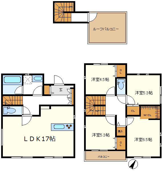 広々玄関　建物ない固定階段で行く屋上バルコニ付