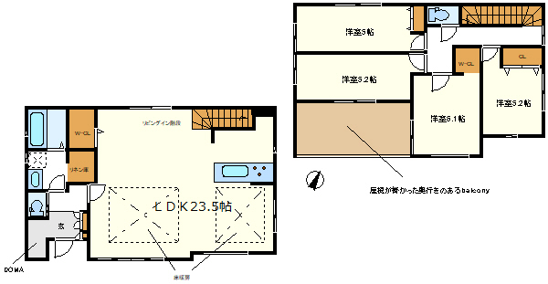 屋根の掛かった奥行きのあるバルコニー