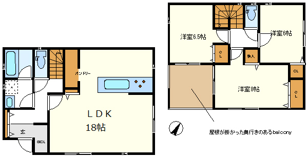 奥行きのある屋根が掛かったバルコニー