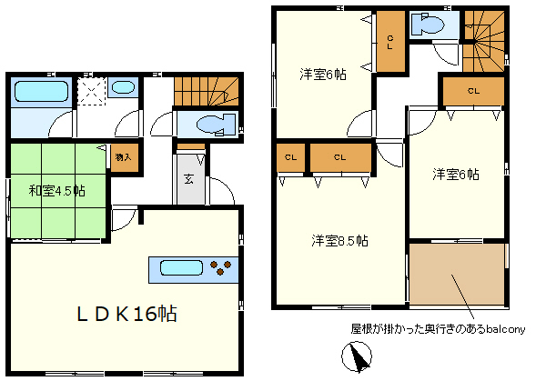 ２号棟　奥行きのある屋根が掛かったバルコニー
