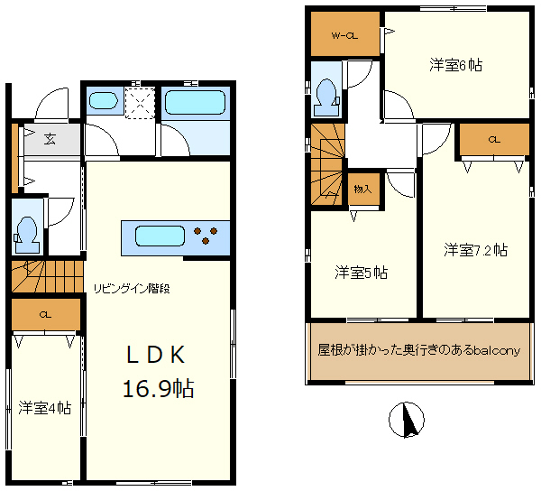 １号棟　奥行きのある屋根が掛かったバルコニー