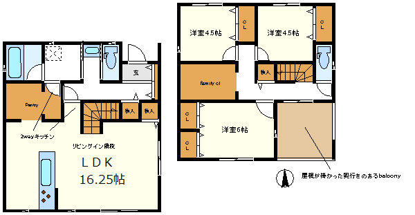 ２号棟　奥行きのある屋根が掛かったバルコニー