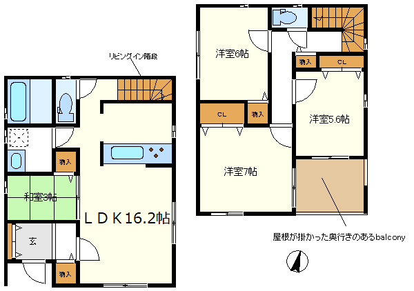 ２号棟　奥行きのある屋根が掛かったバルコニー