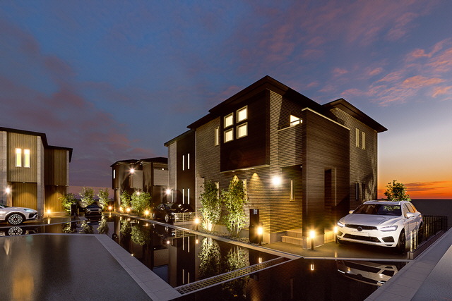 外観パース　風景　ライトアップ　車は含まれません等