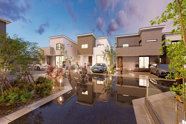 外観パース　風景　ライトアップ　車は含まれません等